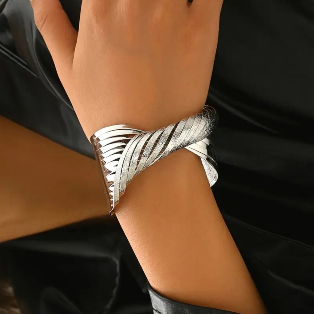 Silver Matte Twisted Line Cuff Bracelet.